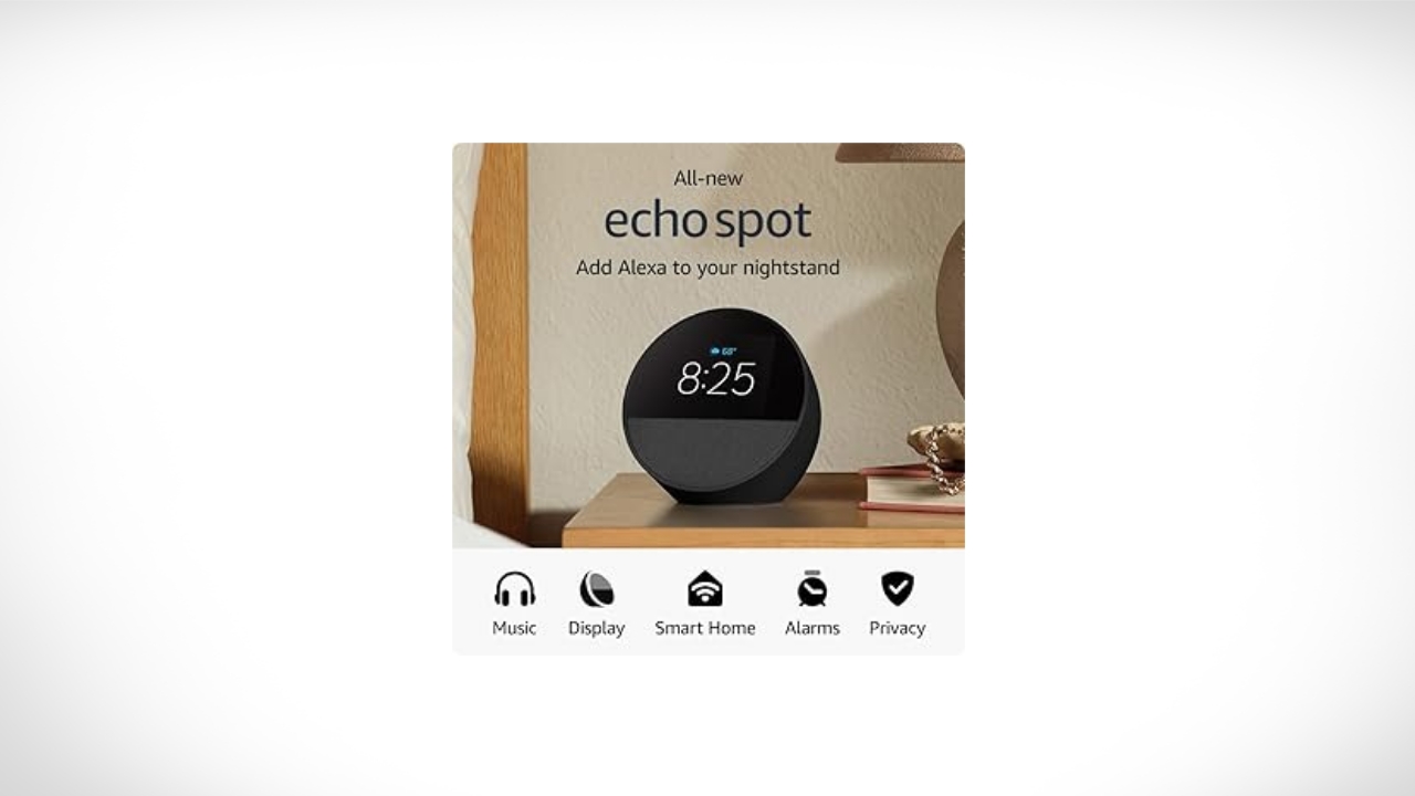 All-new Amazon Echo Spot (2024 release), Smart alarm clock with vibrant sound + Alexa, Black