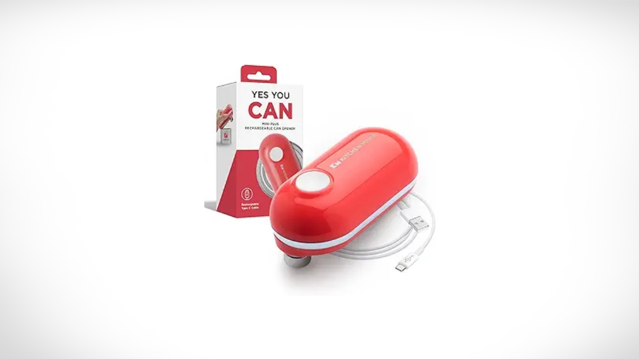 This Kitchen Mama Mini Plus opens cans hands-free with smooth edges.