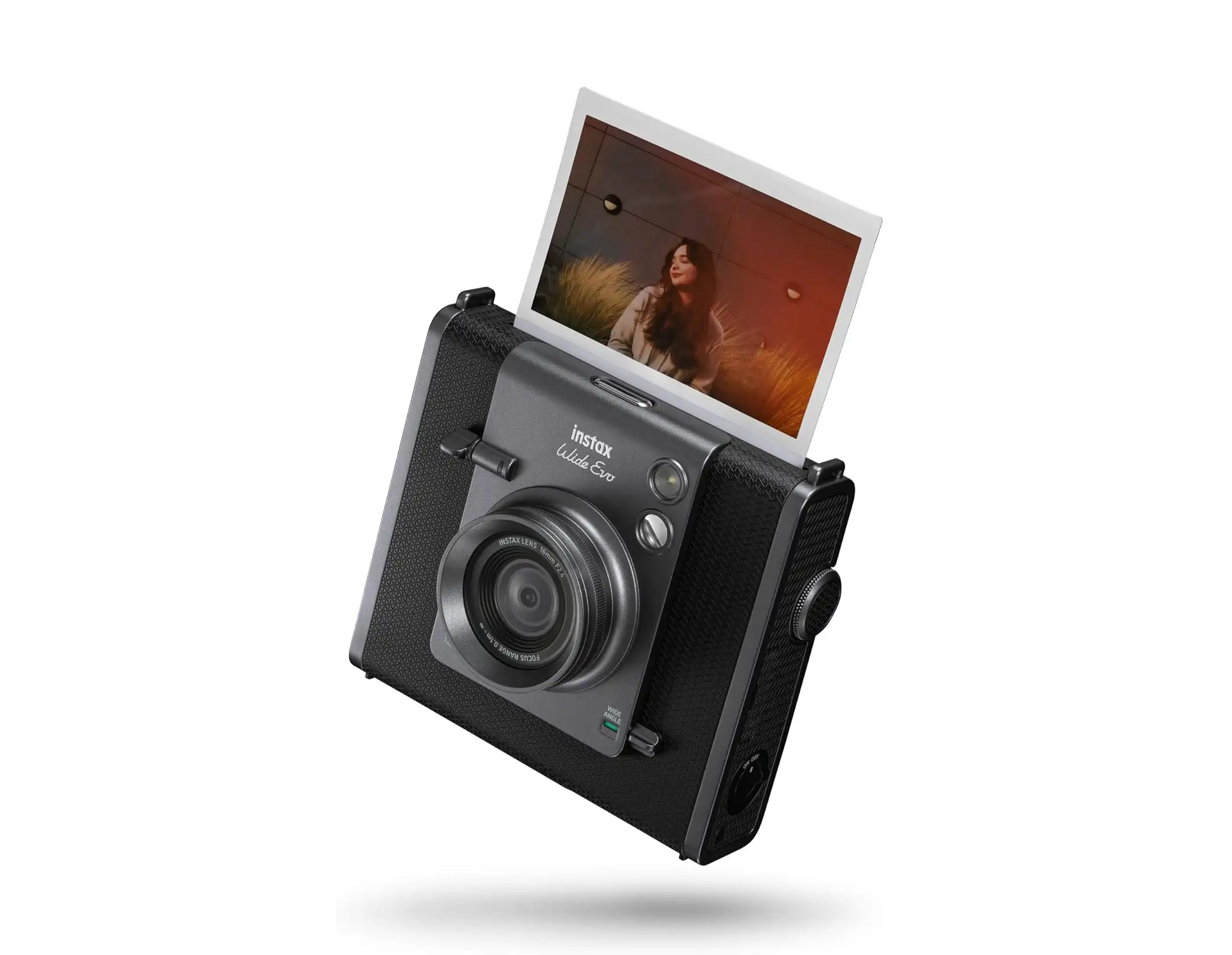 This INSTAX Wide EVO boasts a 16mm wide-angle lens for expansive group shots and landscapes