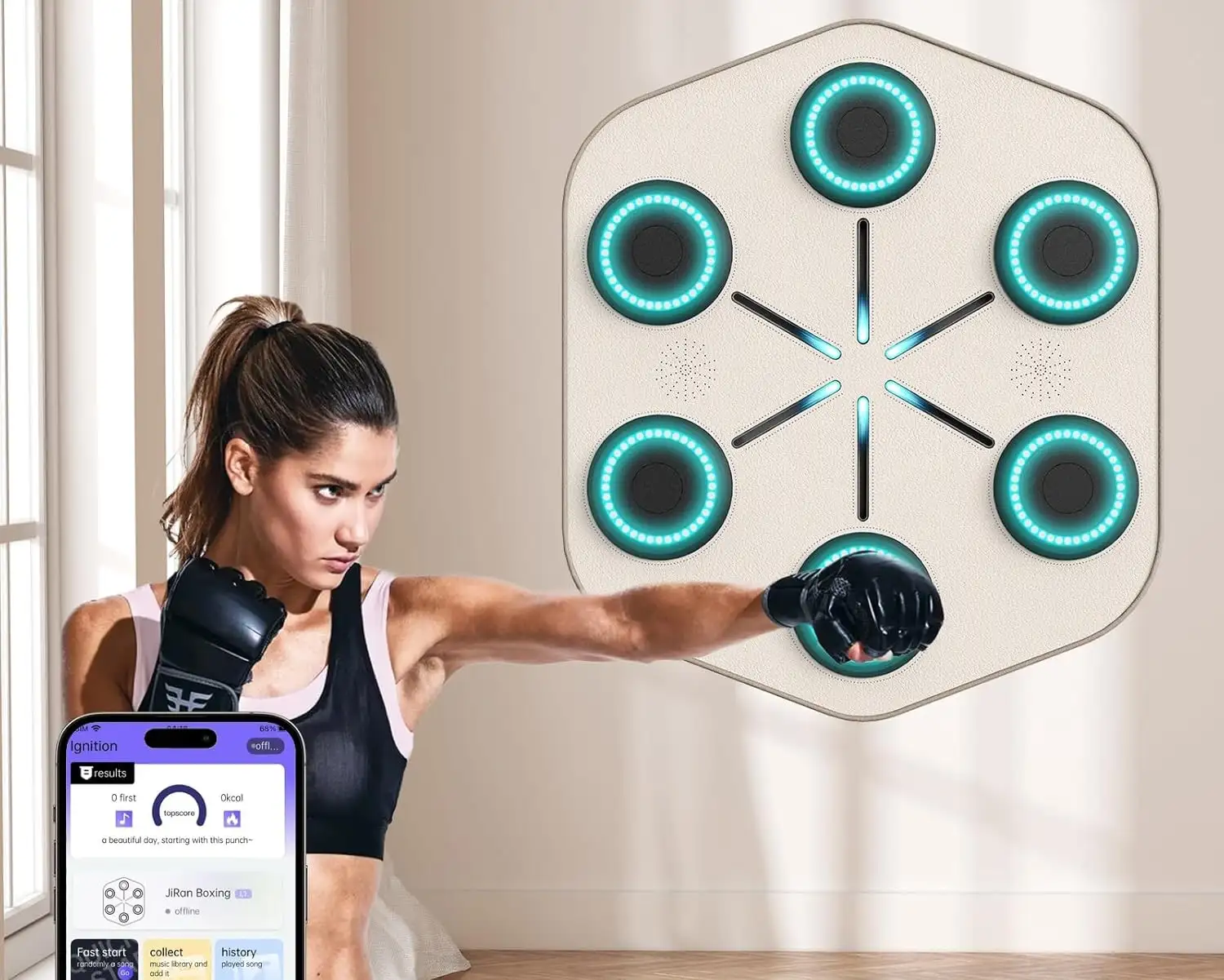 This Smart Music Boxing Machine comes with rhythm-syncing music